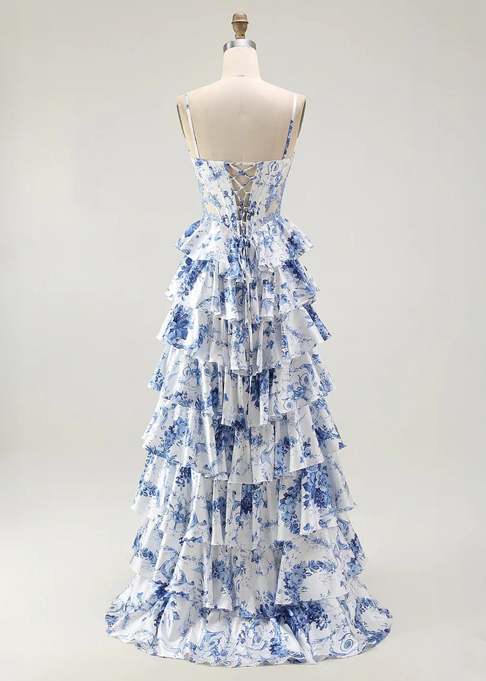 Vera Corset Blue Floral Print Prom Dress | A - Line Spaghetti Strap Sweetheart Tiered Ruffle Formal Dress with Slit - Blue Floral - PromDressClub