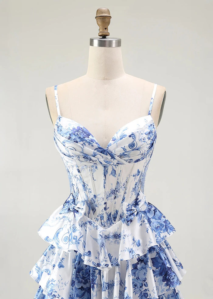 Vera Corset Blue Floral Print Prom Dress | A - Line Spaghetti Strap Sweetheart Tiered Ruffle Formal Dress with Slit - Blue Floral - PromDressClub