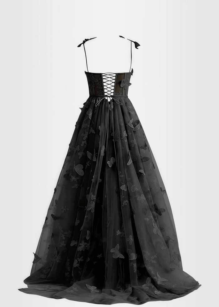 Verna |Lilac Prom Dresses Long A - line Lace Slit Corset with 3D Butterfly - Black - PromDressClub