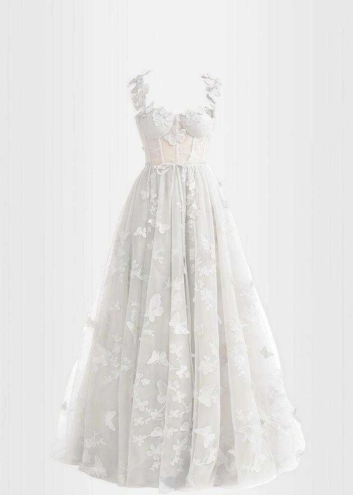 Verna |Lilac Prom Dresses Long A - line Lace Slit Corset with 3D Butterfly - White - PromDressClub