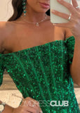 Veromca |Dark Green Prom Dress Long Mermaid With Sheath Off - the - Shoulder Sequins - Dark Green - PromDressClub