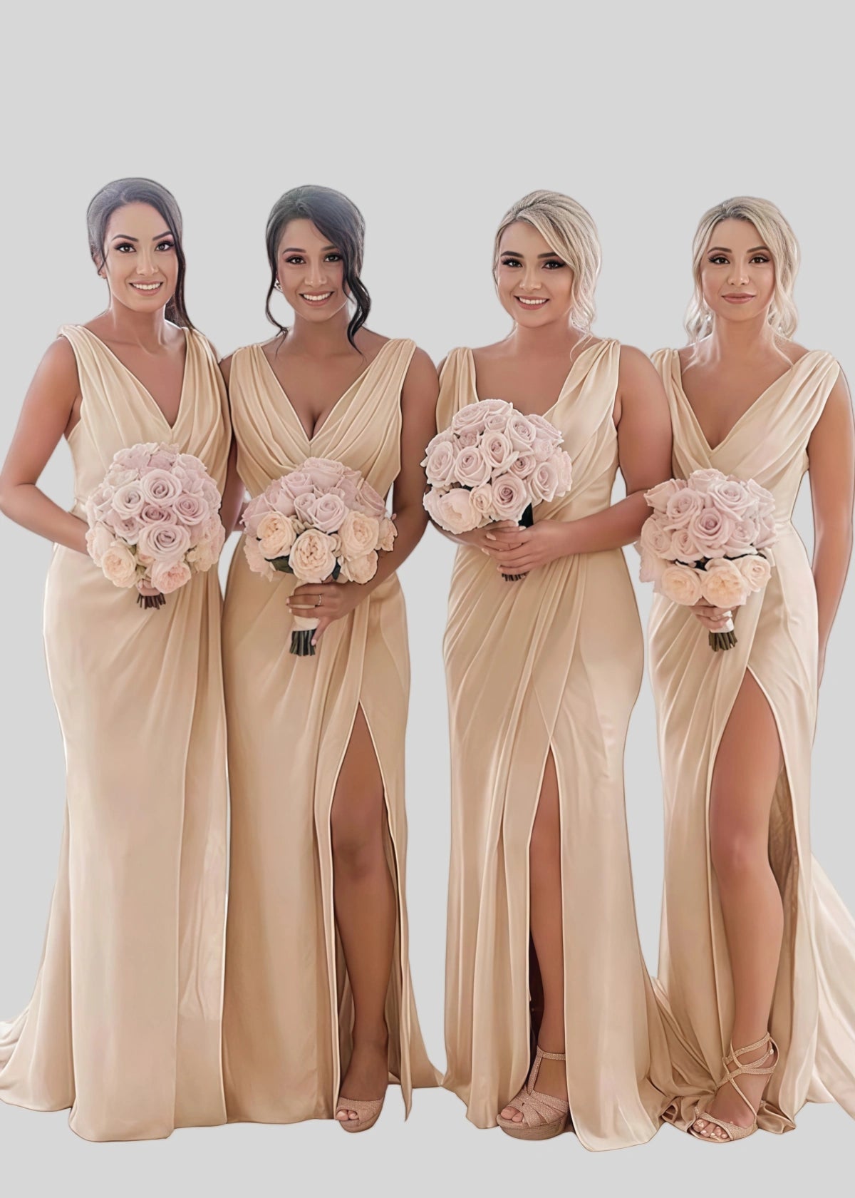 Veronica | Refinement Sheath Ivory Chiffon Maxi Bridesmaid Dress with Slit and Ruched - Champagne - PROMDRESS Club