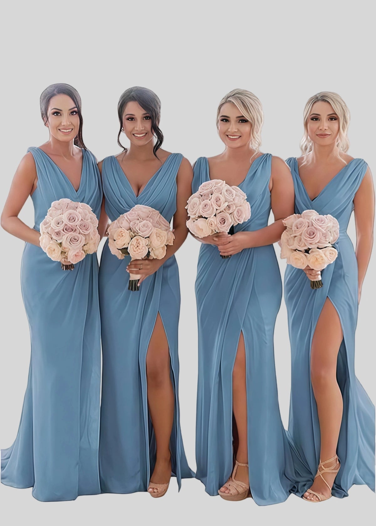 Veronica | Refinement Sheath Ivory Chiffon Maxi Bridesmaid Dress with Slit and Ruched - Grey Blue - PROMDRESS Club