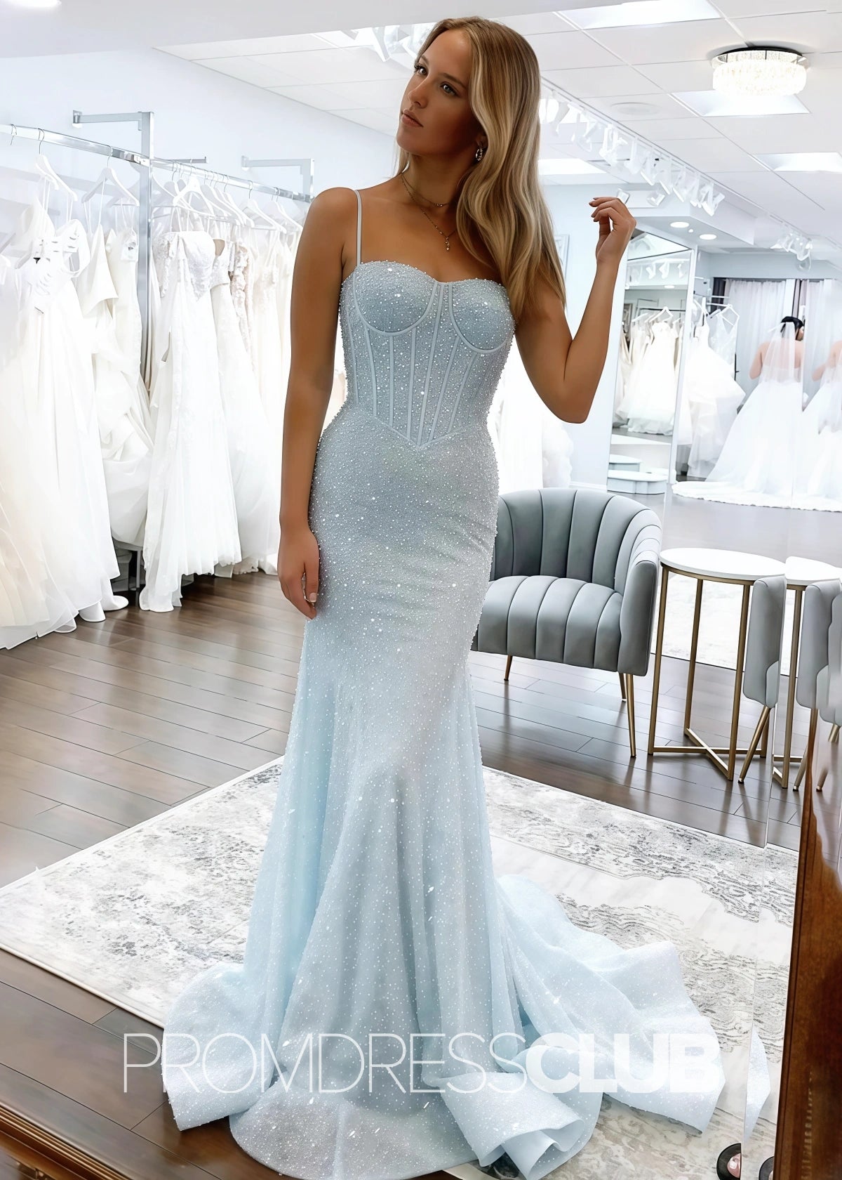 Violet |Sky Blue Prom Dresses Long Mermaid Sequins Spaghetti Straps - Sky Blue - PromDressClub