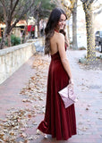 Vita | Exquisite A Line Backless Burgundy Velvet Maxi Bridesmaid Dress with Halter and V - Neck - Burgundy - PROMDRESS Club