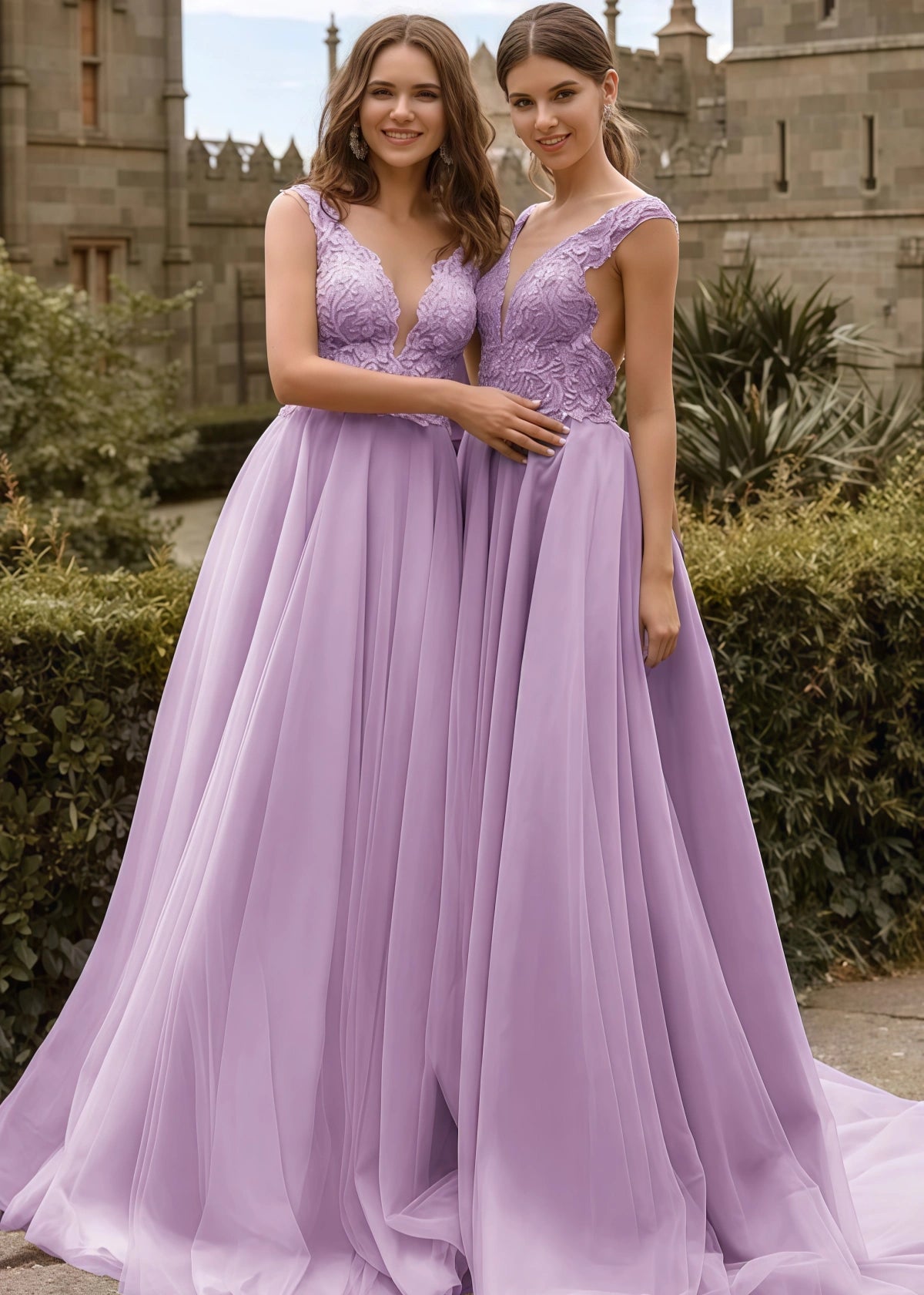 Vivien | A Line Lace Embroidered Light Pink Tulle Maxi Bridesmaid Dress with V - Neck - Lavender - PROMDRESS Club