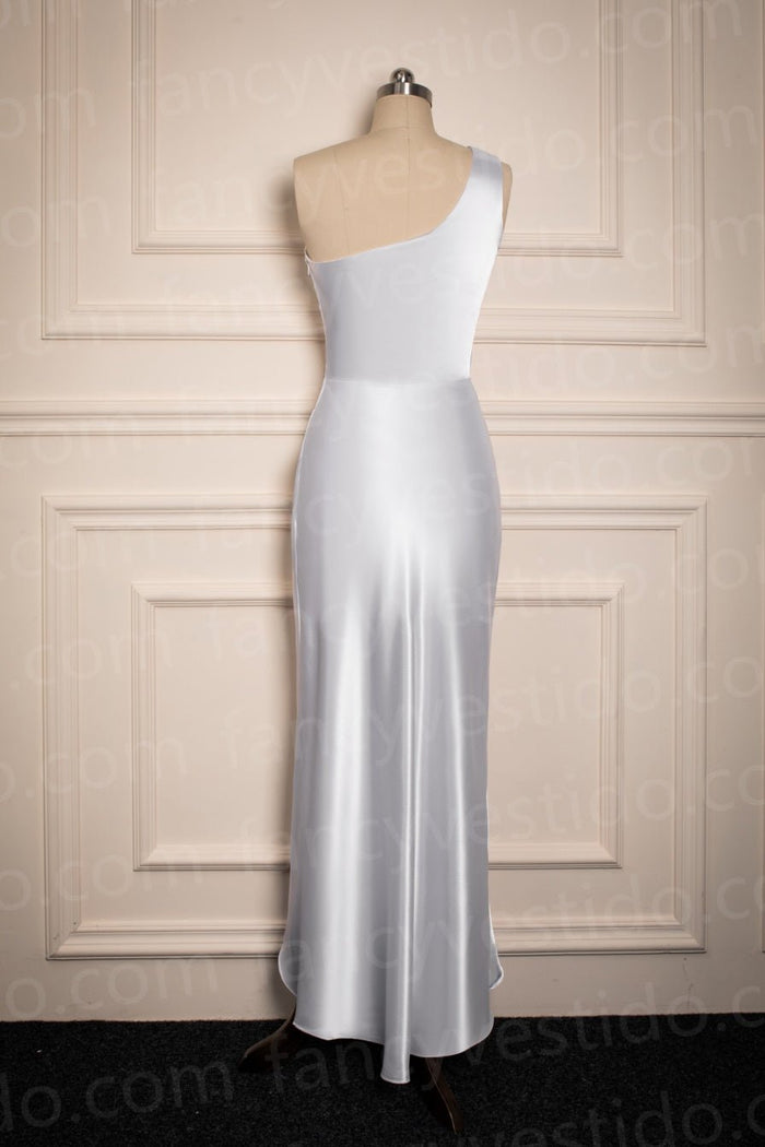 Viola |White One Shoulder Satin Bridesmaid Dresses Mermaid Long Asymmetrical - Champagne - PromDressClub