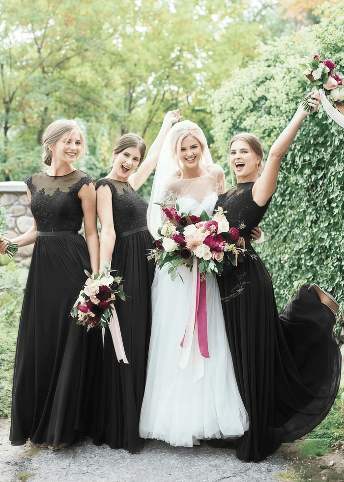 Winni | Exquisite Lace Embroidered Burgundy Tulle Maxi Bridesmaid Dress with Round Neck - Price #price_variant_lowest# - Black - PromDressClub