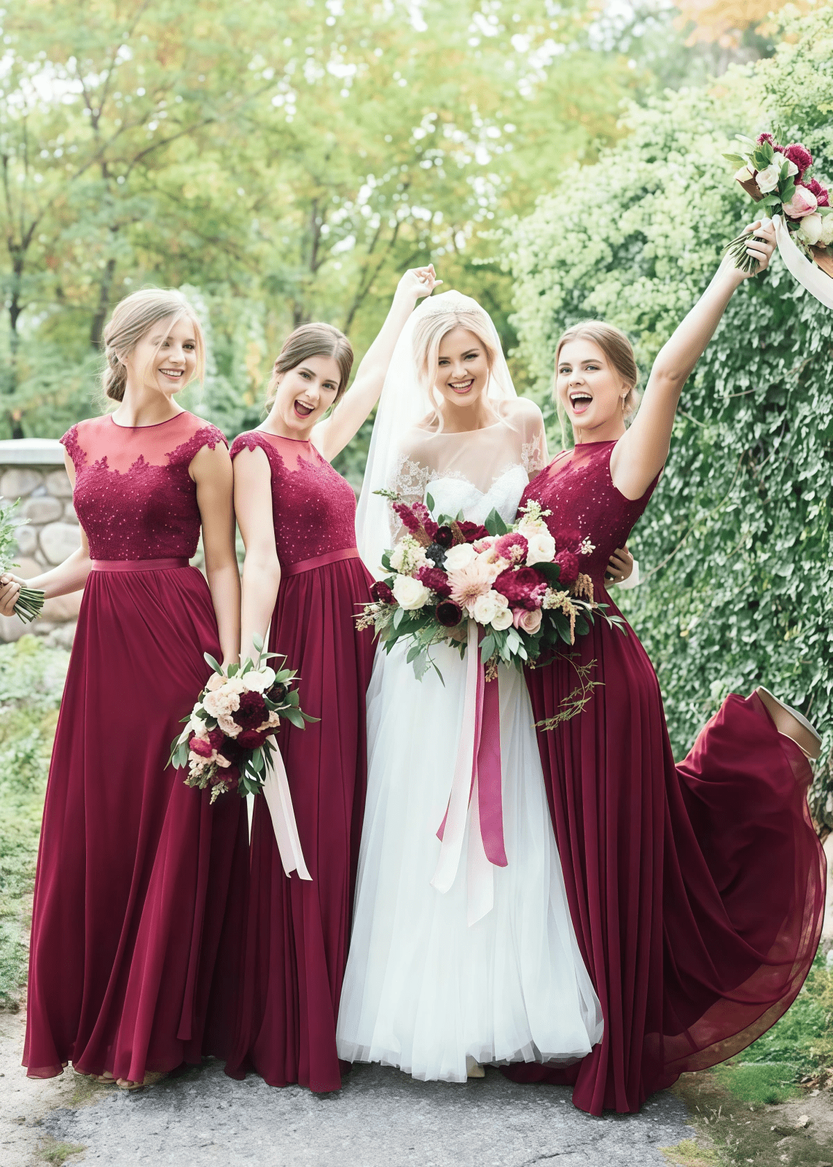 Winni | Exquisite Lace Embroidered Burgundy Tulle Maxi Bridesmaid Dress with Round Neck - Burgundy - PROMDRESS Club