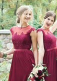 Winni | Exquisite Lace Embroidered Burgundy Tulle Maxi Bridesmaid Dress with Round Neck - Burgundy - PROMDRESS Club