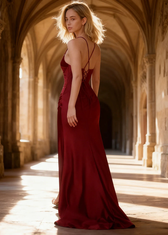 Wren Pleated Burgundy Prom Dress with Slit | Column Spaghetti Strap V - Neck Satin Gown - Burgundy - PromDressClub