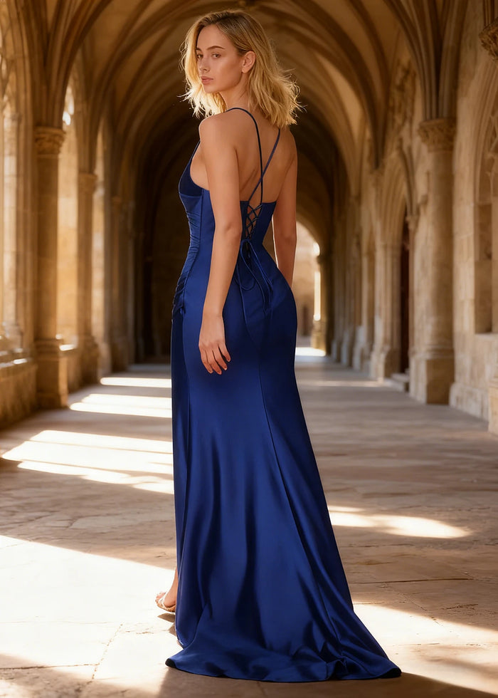 Wren Pleated Neptune Prom Dress with Slit | Column Spaghetti Strap V - Neck Satin Gown - Neptune - PromDressClub