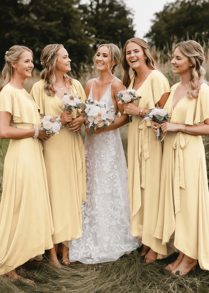 Xanthe | Chic A Line Peach Chiffon Maxi Bridesmaid Dress with V - Neck and Short Sleeve - Price #price_variant_lowest# - Pale Yellow - PromDressClub