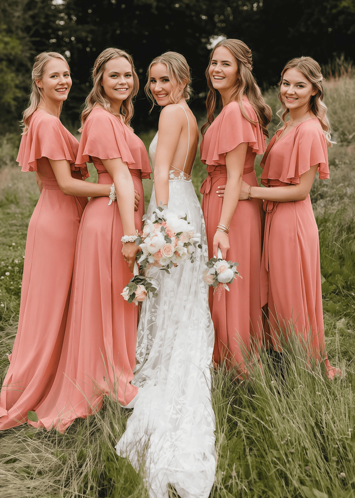 Xanthe | Chic A Line Peach Chiffon Maxi Bridesmaid Dress with V - Neck and Short Sleeve - Price #price_variant_lowest# - Peach - PromDressClub
