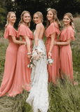 Xanthe | Chic A Line Peach Chiffon Maxi Bridesmaid Dress with V - Neck and Short Sleeve - Peach - PROMDRESS Club