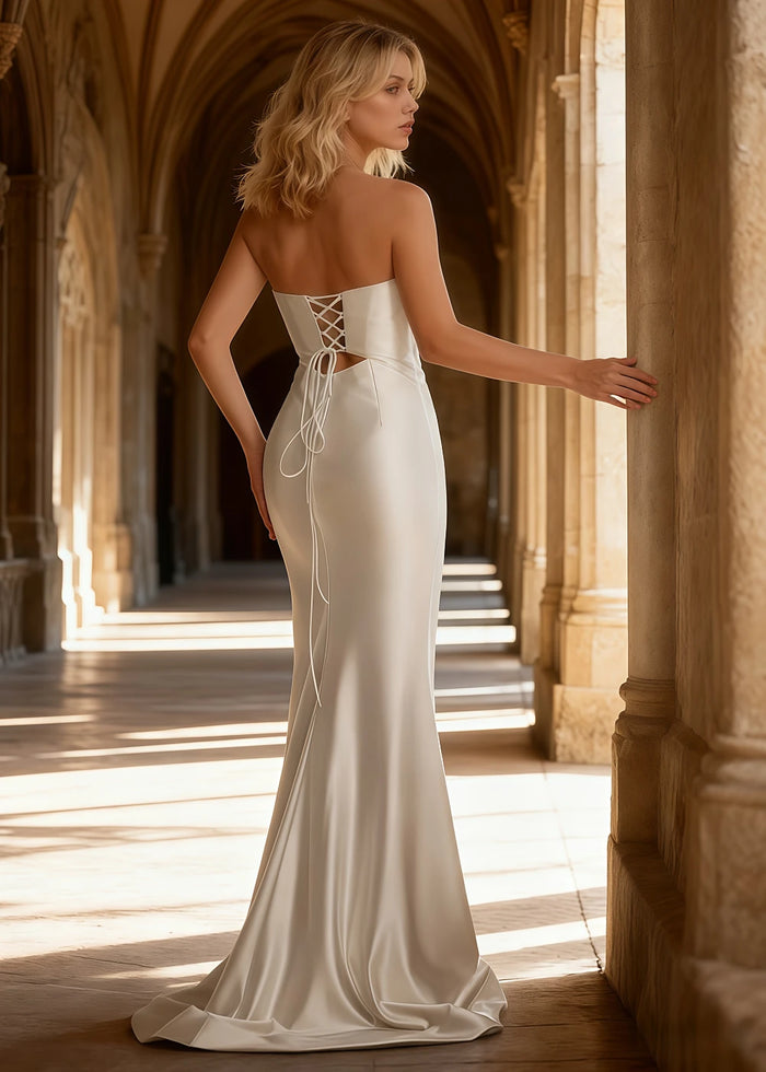 Xena White Satin Corset Prom Dress with Cutouts | Sheath Strapless Sweetheart Neckline Backless Lace - up Gown with Split - US00 - PromDressClub