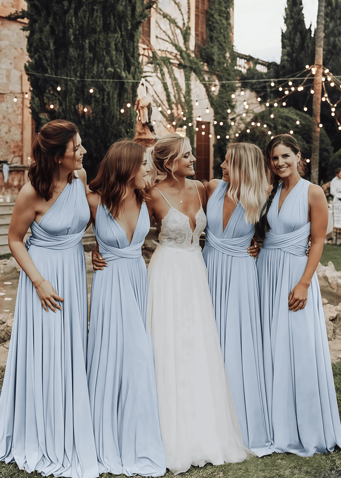 Xenia | Elegant Light Pink Corset Chiffon Maxi Bridesmaid Dress with V - Neck or One Shoulder - Price #price_variant_lowest# - Light Blue - PromDressClub