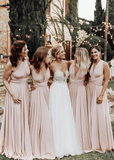 Xenia | Elegant Light Pink Corset Chiffon Maxi Bridesmaid Dress with V - Neck or One Shoulder - Light Pink - PROMDRESS Club