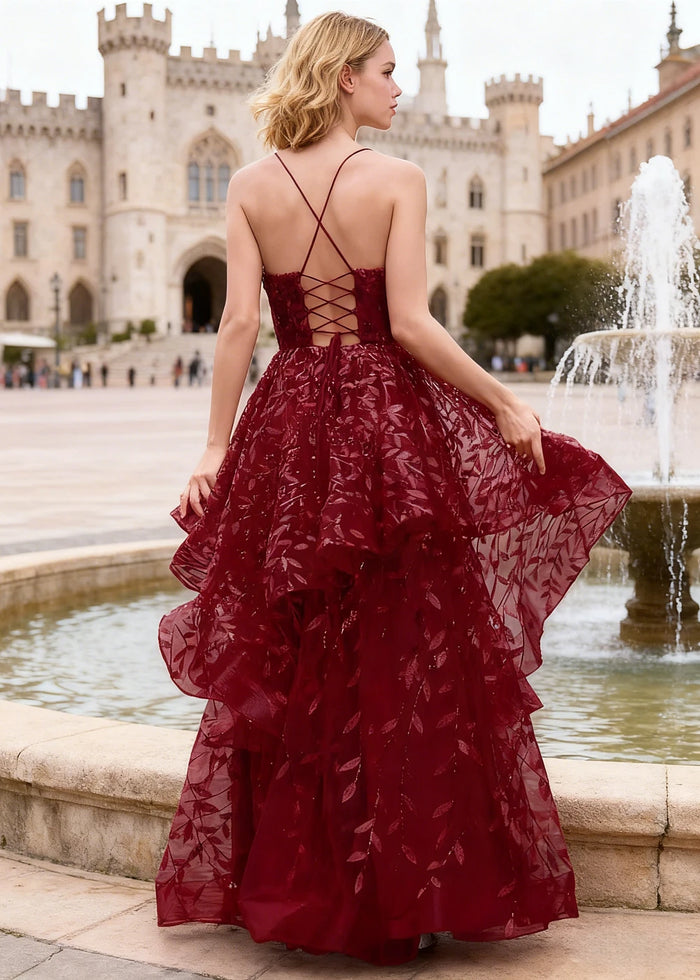 Yara Burgundy Tulle Floral Jacquard Prom Dress | A - Line Spaghetti Strap V - Neck Ruffle Gown - US00 - PromDressClub
