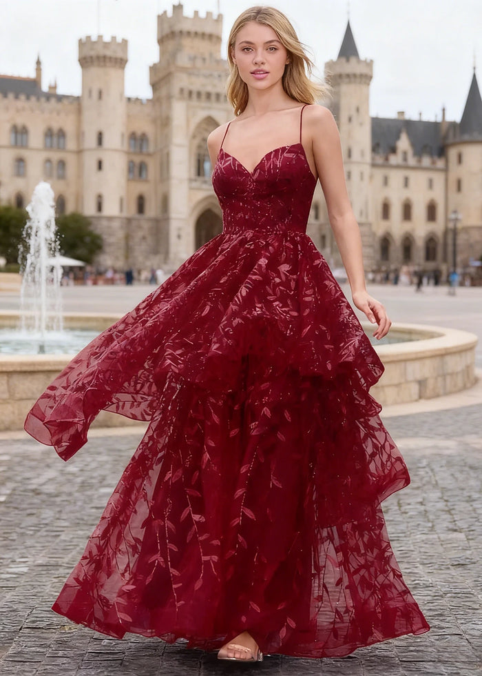 Yara Burgundy Tulle Floral Jacquard Prom Dress | A - Line Spaghetti Strap V - Neck Ruffle Gown - US00 - PromDressClub