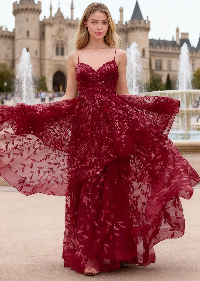 Yara Burgundy Tulle Floral Jacquard Prom Dress | A - Line Spaghetti Strap V - Neck Ruffle Gown - US00 - PromDressClub