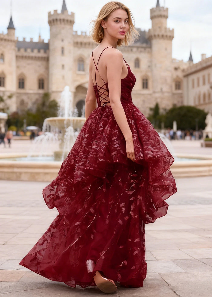 Yara Burgundy Tulle Floral Jacquard Prom Dress | A - Line Spaghetti Strap V - Neck Ruffle Gown - US00 - PromDressClub
