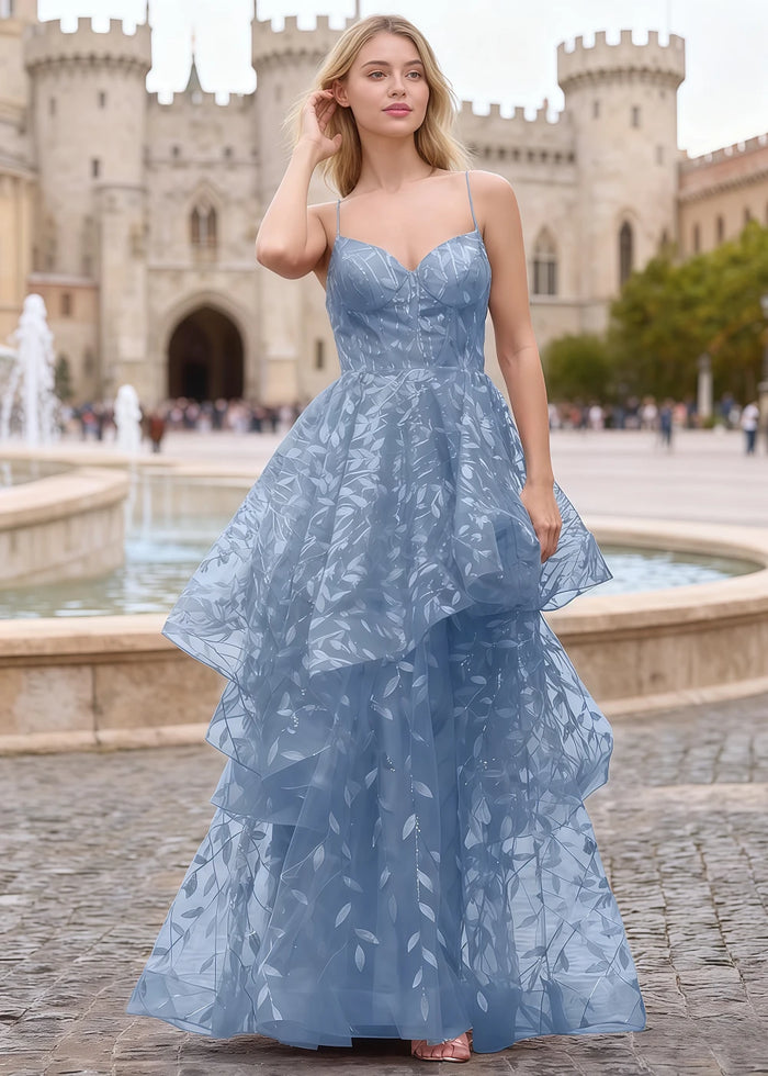 Yara Dusty Blue Tulle Floral Jacquard Prom Dress | A - Line Spaghetti Strap V - Neck Ruffle Gown - US00 - PromDressClub