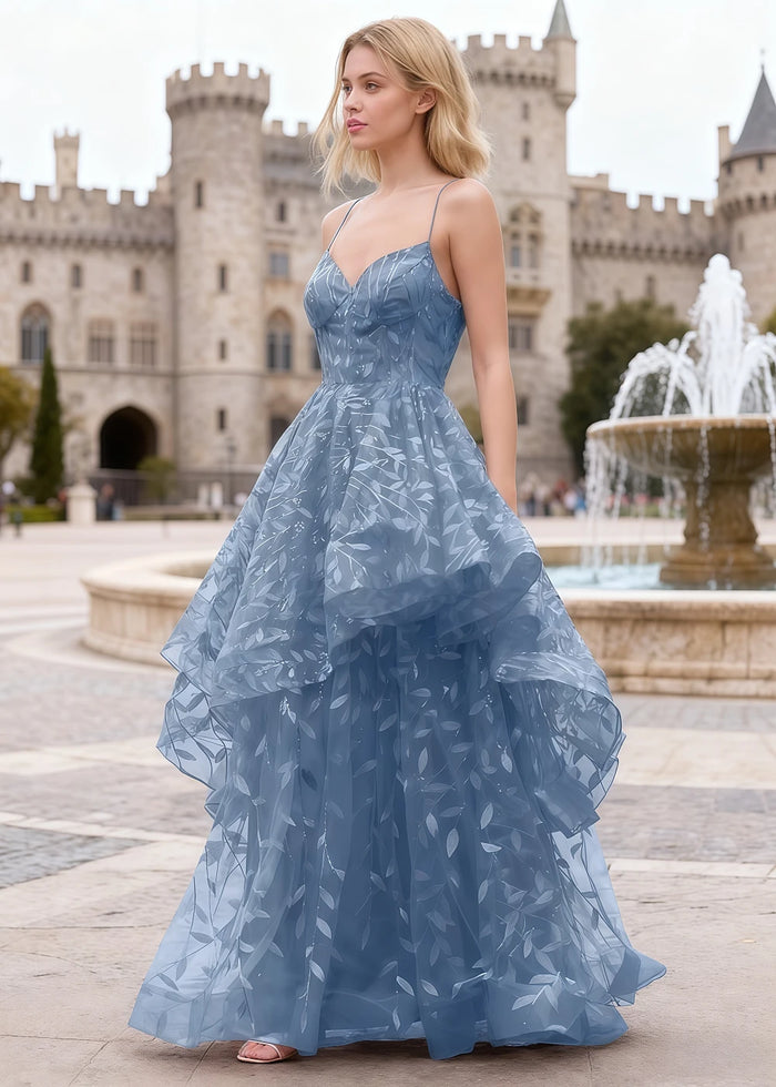 Yara Dusty Blue Tulle Floral Jacquard Prom Dress | A - Line Spaghetti Strap V - Neck Ruffle Gown - US00 - PromDressClub