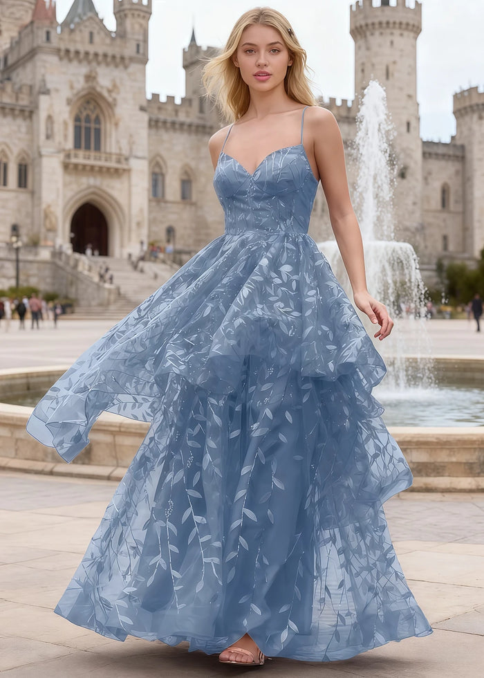 Yara Dusty Blue Tulle Floral Jacquard Prom Dress | A - Line Spaghetti Strap V - Neck Ruffle Gown - US00 - PromDressClub