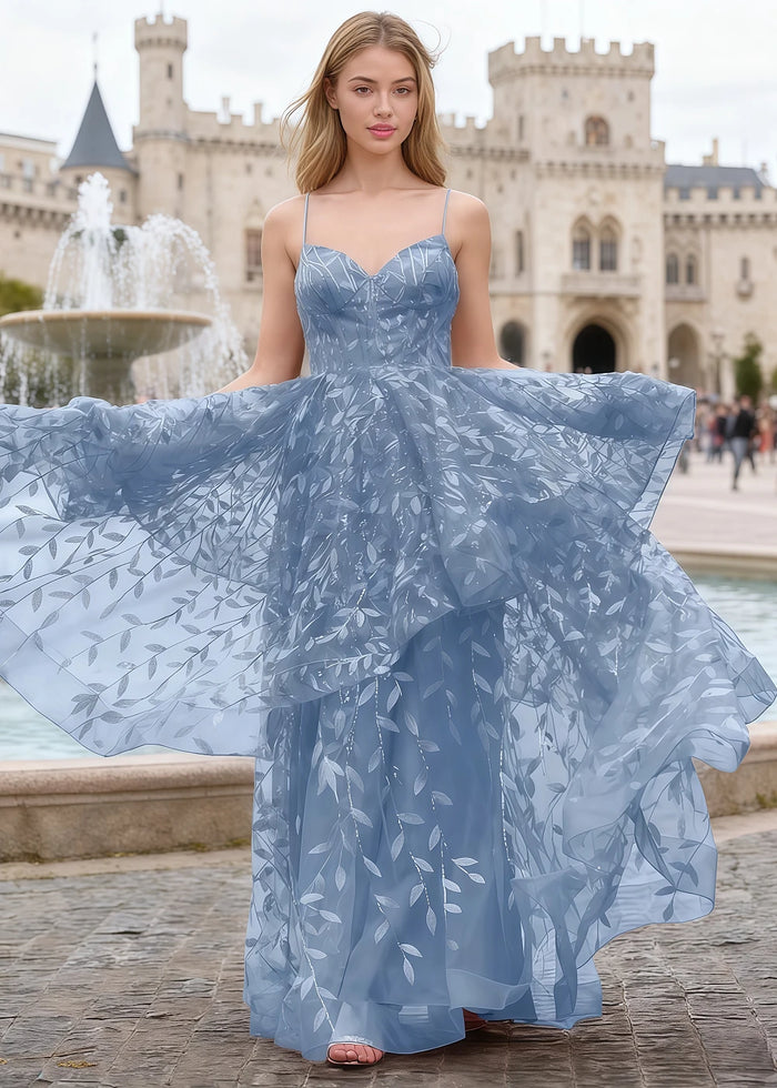 Yara Dusty Blue Tulle Floral Jacquard Prom Dress | A - Line Spaghetti Strap V - Neck Ruffle Gown - US00 - PromDressClub