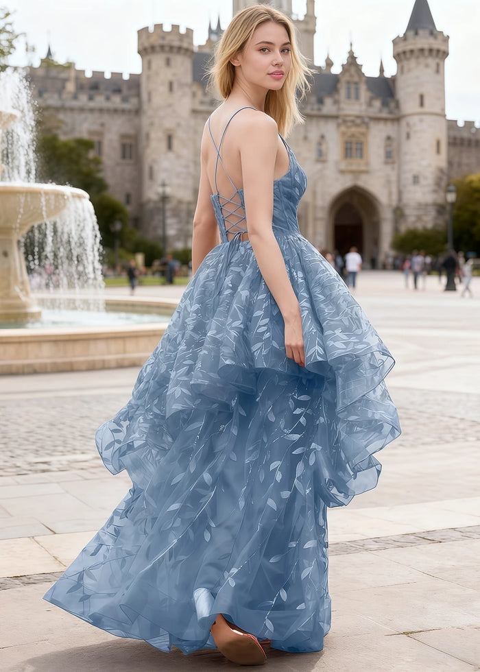 Yara Dusty Blue Tulle Floral Jacquard Prom Dress | A - Line Spaghetti Strap V - Neck Ruffle Gown - US00 - PromDressClub