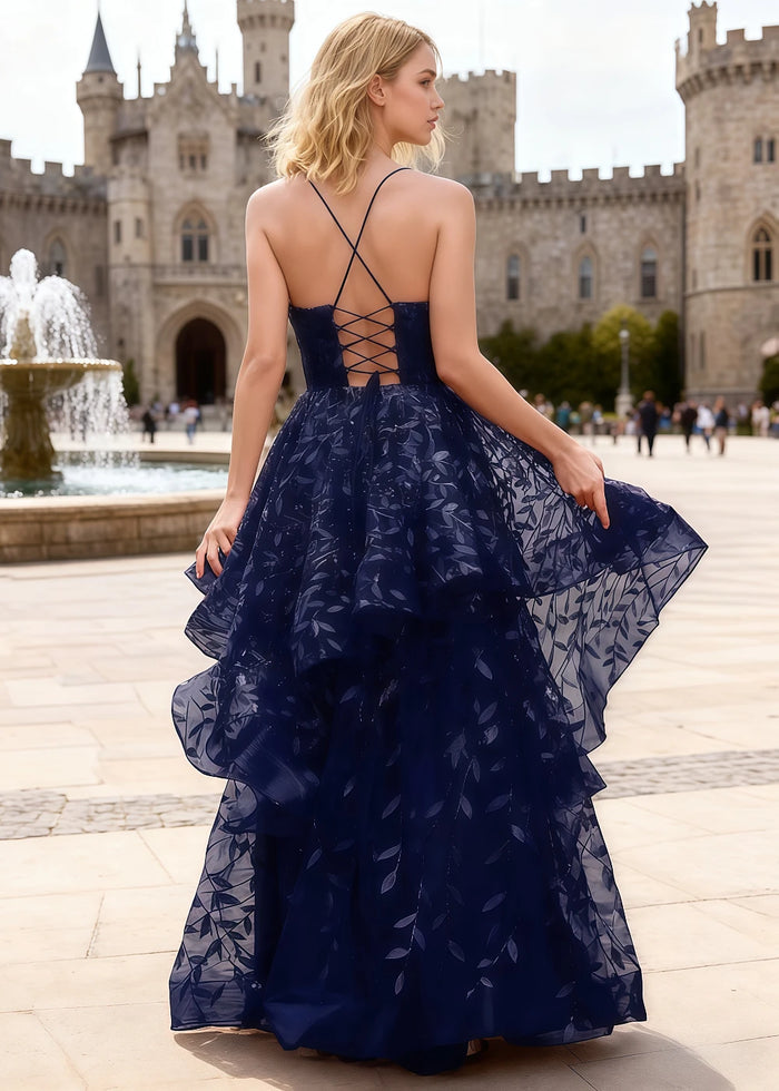 Yara Navy Blue Tulle Floral Jacquard Prom Dress | A - Line Spaghetti Strap V - Neck Ruffle Gown - US00 - PromDressClub