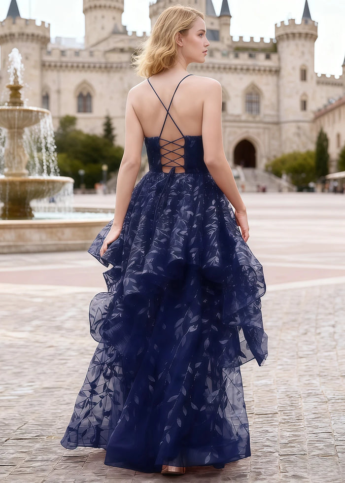 Yara Navy Blue Tulle Floral Jacquard Prom Dress | A - Line Spaghetti Strap V - Neck Ruffle Gown - US00 - PromDressClub