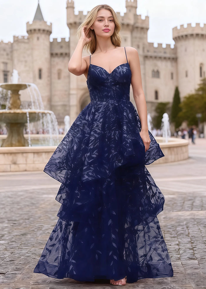 Yara Navy Blue Tulle Floral Jacquard Prom Dress | A - Line Spaghetti Strap V - Neck Ruffle Gown - US00 - PromDressClub