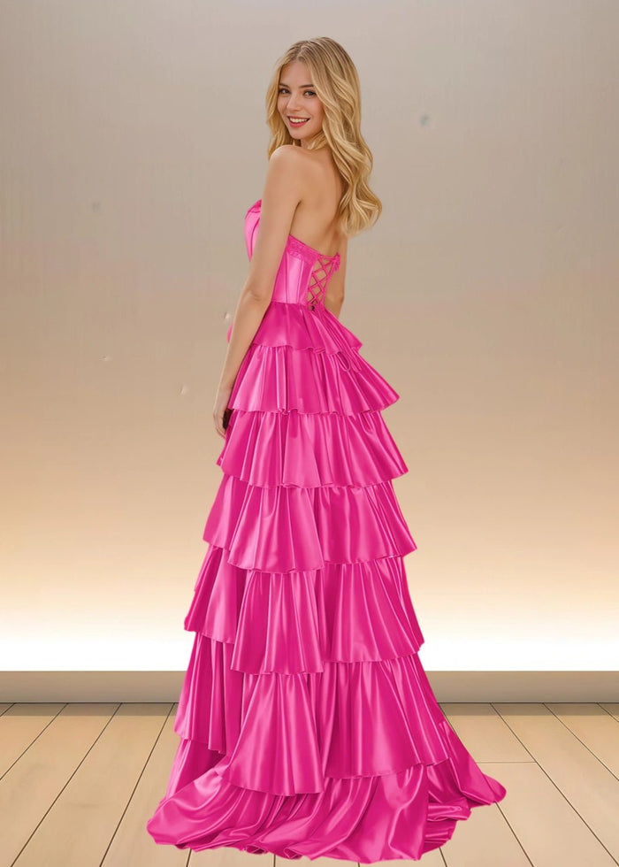 Adele | Yellow Satin Strapless Beaded Ruffle Formal Dress with Slit - Fuchsia - PromDressClub