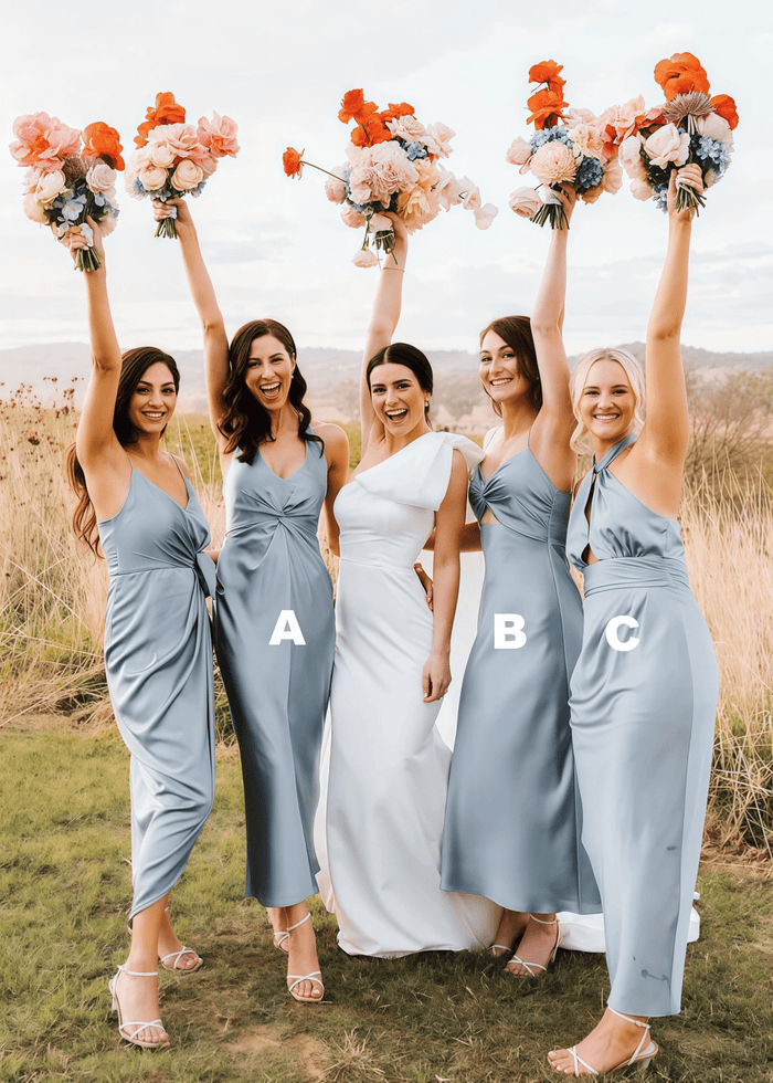 Yetta | Fashion Pleated Grey Blue Halter Satin Long Bridesmaid Dresses with Slit A Line - Price #price_variant_lowest# - Grey Blue - PromDressClub