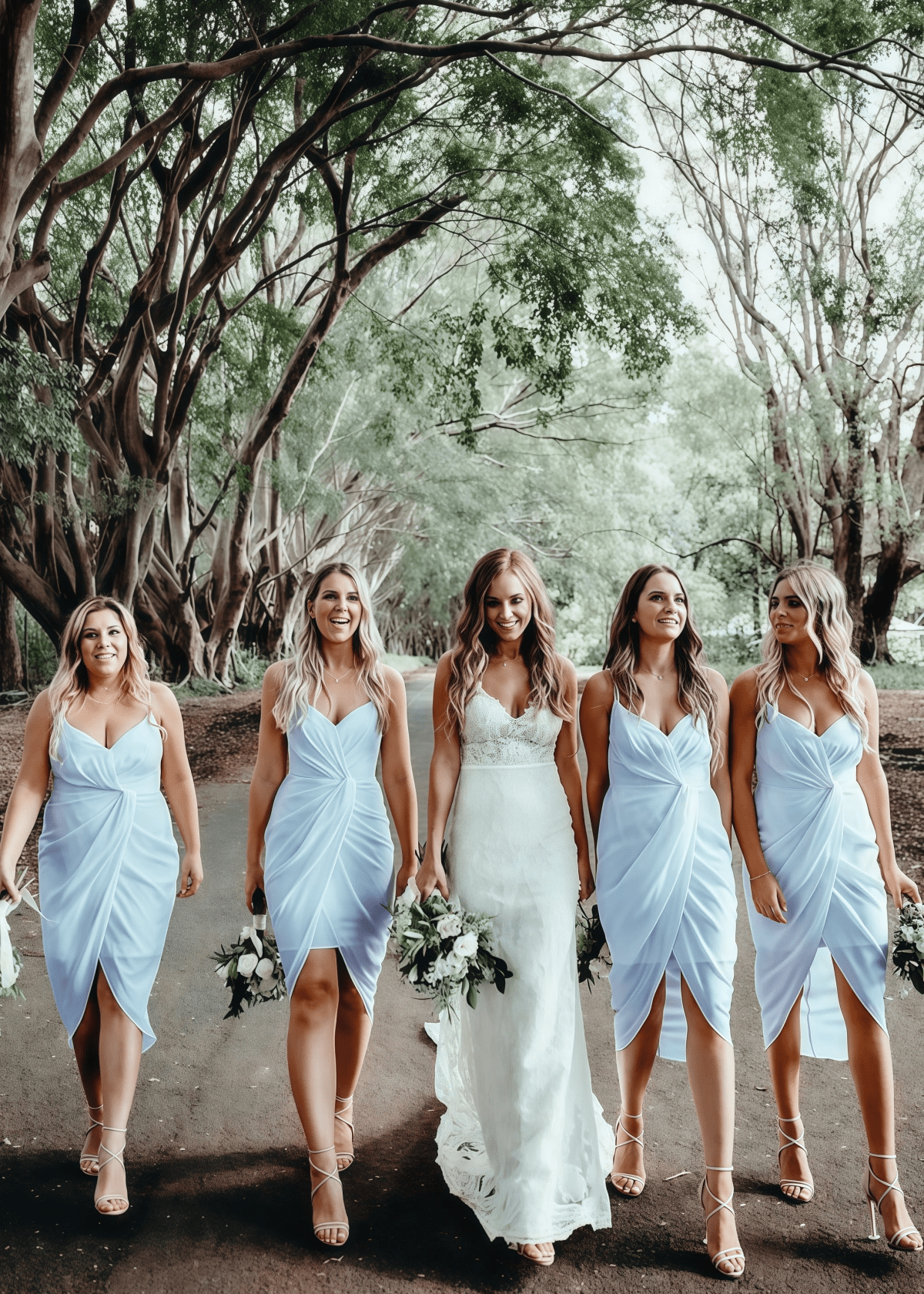 Yvette | Chic Sheath Pleated White Chiffon Midi Bridesmaid Dress with Spaghetti Straps and V - Neck - Light Blue - PROMDRESS Club