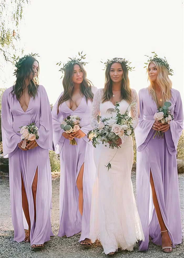 Zara | Boho Long Sleeves Light Pink Chiffon Maxi Bridesmaid Dress with A - Line and Deep V Neck - Price #price_variant_lowest# - Lavender - PromDressClub