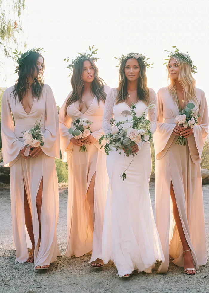 Zara | Boho Long Sleeves Light Pink Chiffon Maxi Bridesmaid Dress with A - Line and Deep V Neck - Price #price_variant_lowest# - Light Pink - PromDressClub