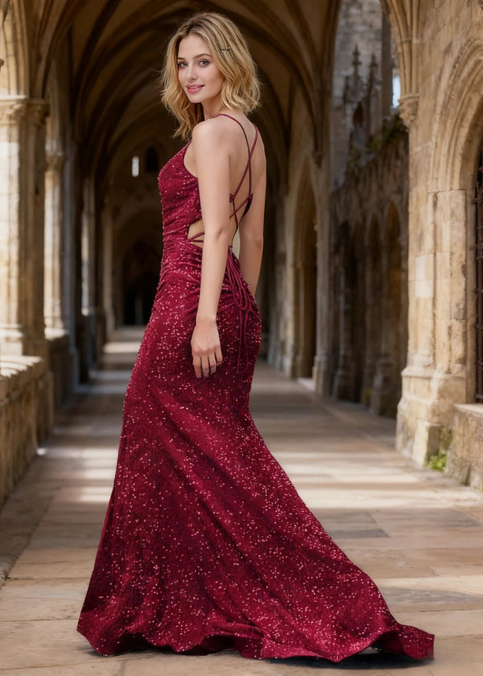 Zara Burgundy Velvet Sequins Prom Dress | Sheath Fitted Spaghetti Straps V - Neck Backless Pleated Dress with Slit - US0 - PromDressClub