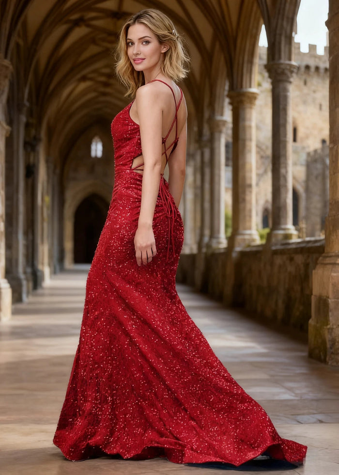 Zara Red Velvet Sequins Prom Dress | Sheath Fitted Spaghetti Straps V - Neck Backless Pleated Dress with Slit - US0 - PromDressClub