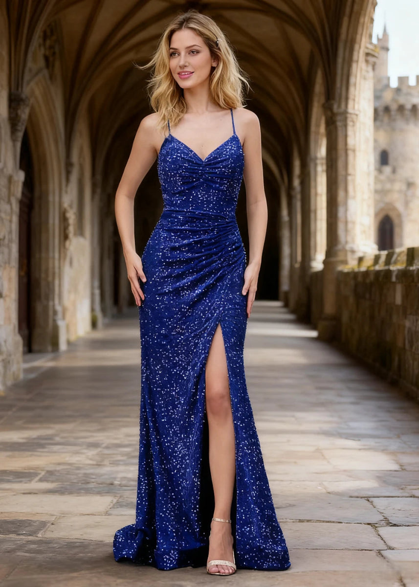 Zara Royal Blue Velvet Sequins Prom Dress | Sheath Fitted Spaghetti Straps V - Neck Backless Pleated Dress with Slit - US0 - PromDressClub