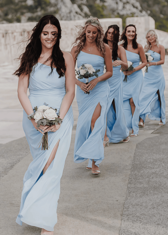 Zenobia | Chic Sheath Light Blue Chifon Maxi Bridesmaid Dress with Slit and One Shoulder - Price #price_variant_lowest# - Light Blue - PromDressClub